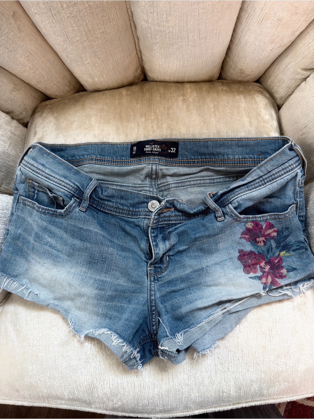 Hollister Light Blue Distressed Denim Shorts with Pink Floral Print